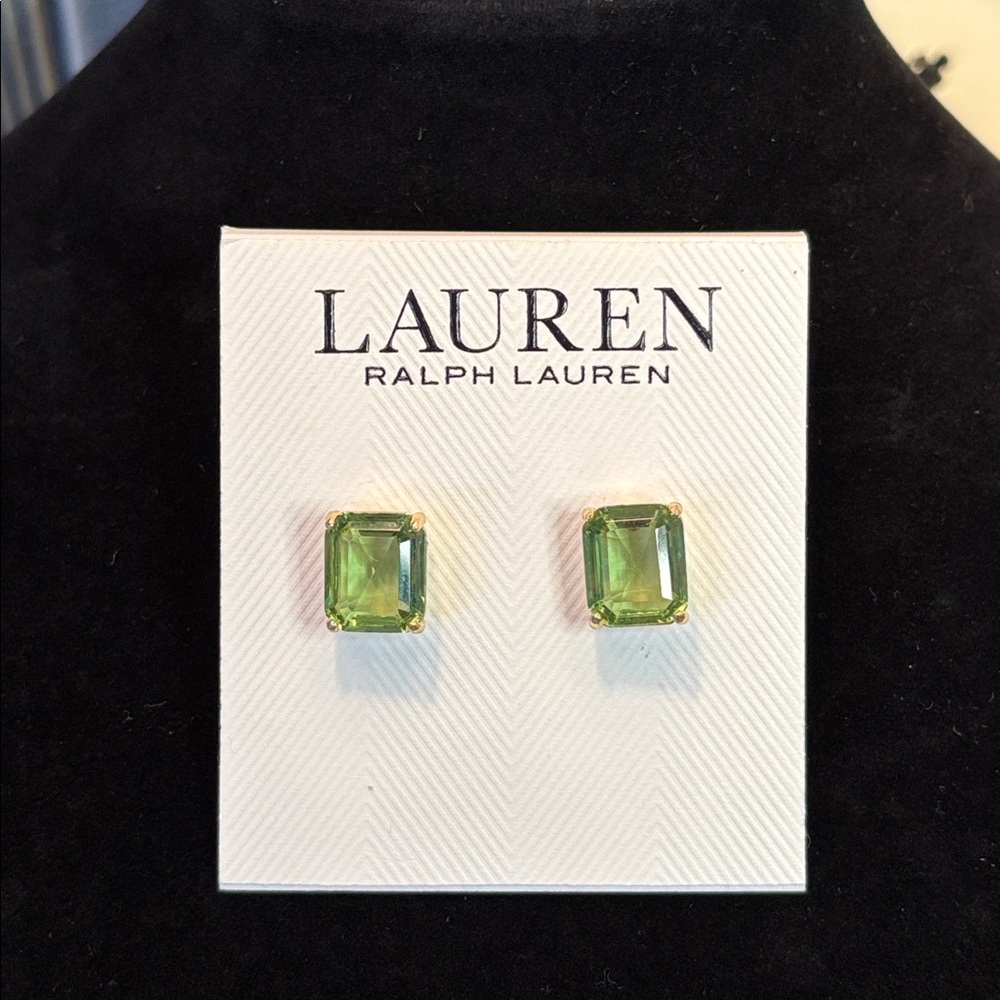 Ralph Lauren Gold Tone Green Square Stud Earrings - Picture 4 of 6